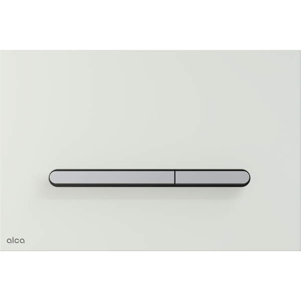 Weiße rechteckige Betätigungsplatte für die Toilette mit zwei schmalen silberfarbenen Tasten für die Zweimengenspülung und Alca Logo.