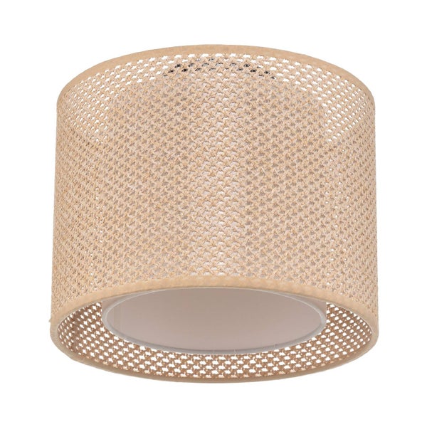 Zylindrische Deckenleuchte mit beige geflochtenem Schirm und weißem Innendiffusor.