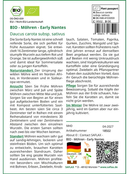 SAFLAX  - BIO - Möhren - Early Nantes - Daucus carota subsp. sativus - 1500 Samen
