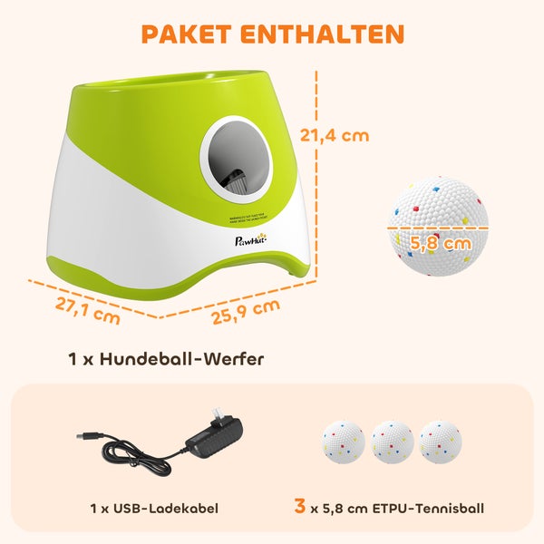 PawHut automatischer Ballwerfer für Hunde im Park. Border Collie rennt neben Ballwerfer. Lange Akkulaufzeit, bis zu 3000 Starts im niedrigen Modus.