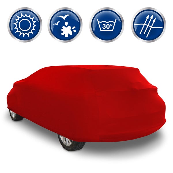 ECD Germany Autoabdeckung Indoor Kombi M 405 x 155 x 125 cm, Stretch Soft Satin, Rot, Atmungsaktiv, Staub- und Schmutzabweisend, Abdeckplane Autoplane Autogarage Ganzgarage Schutzdecke Schutzhülle