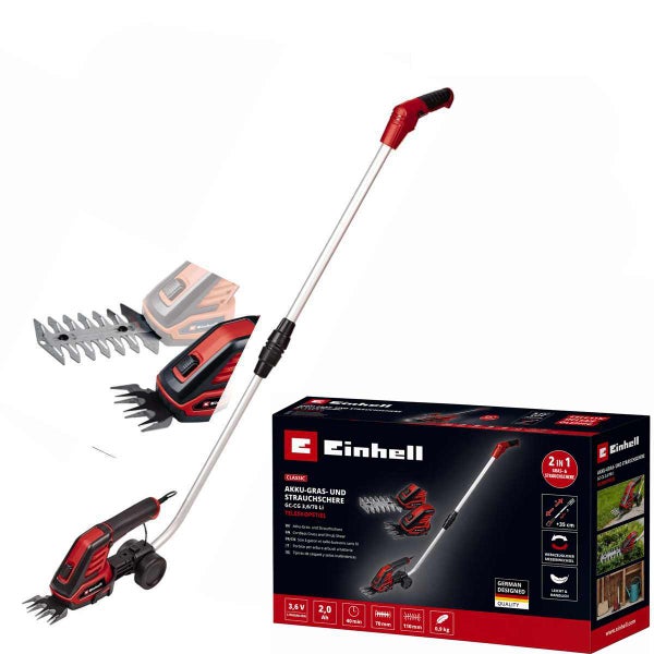 Einhell Akku-Gras- und Strauchschere GC-CG 3,6/70 Li mit Teleskopstiel, Gras- und Strauchmesser sowie Originalverpackung.