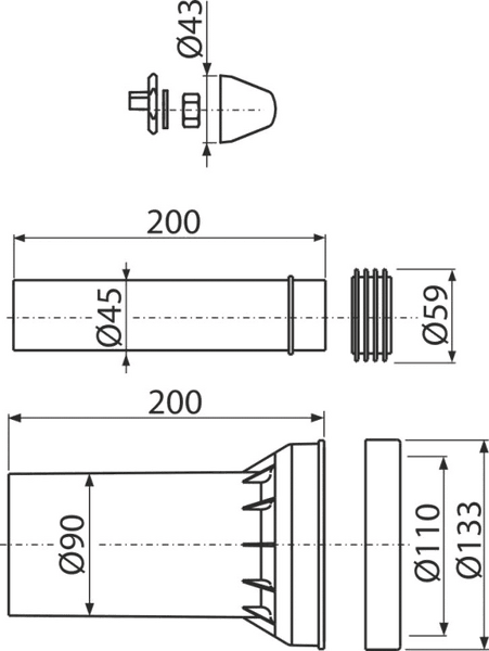 Technische Zeichnung mit Maßangaben in Millimeter: Durchmesser 43, 45, 59, 90, 110 und 133, sowie Längen von 200.