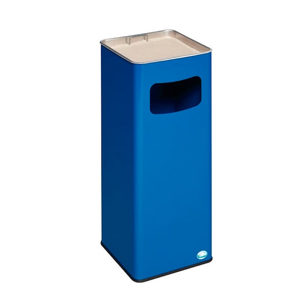 Blauer Standabfallsammler aus Metall mit integriertem Aschenbecher, rechteckiger Einwurföffnung und VAR Logo.