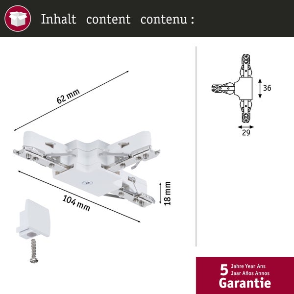 Abmessungen T-Verbinder für Schienensysteme: 104 Millimeter lang, 62 Millimeter breit, 18 Millimeter hoch. Mit Zubehör und 5 Jahre Garantie.