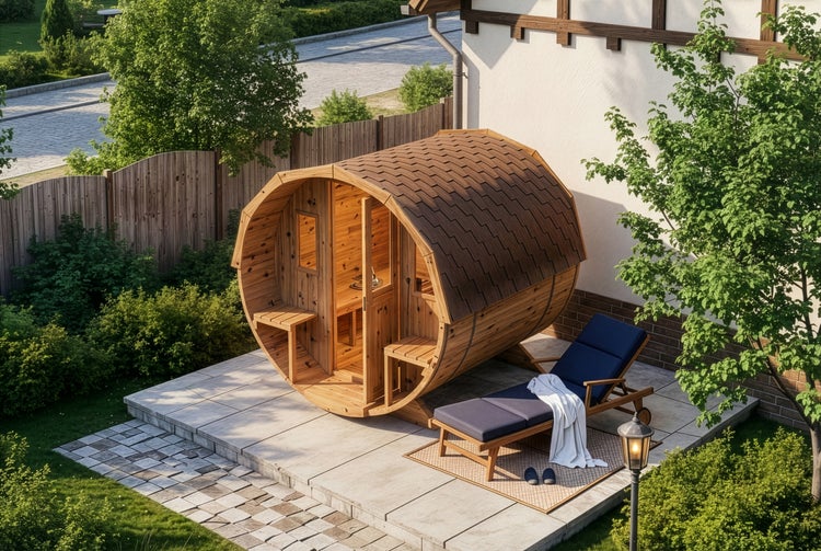 Fasssauna aus Holz für den Garten auf einer gepflasterten Terrasse mit Außenbank und einer Sonnenliege daneben.