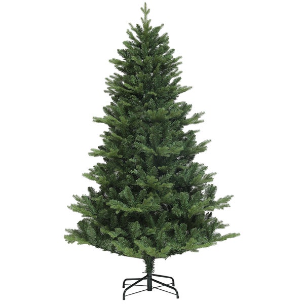 Künstlicher Weihnachtsbaum mit realistischen Nadeln und einem Metallständer.