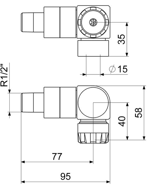 Technische Zeichnung eines Heizkörperventils mit Heimeier Logo, Maßen in Millimetern, Anschluss R 1/2 Zoll und Durchmesser 15 Millimeter.