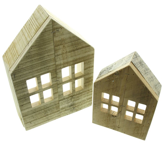 FRANK FLECHTWAREN | Holzdeko Häuschen, 2er Set, HOLZ, 18 x 6 x 27 cm, 25 x 8 x 37 cm