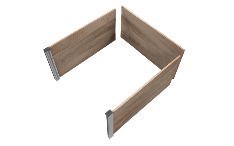 Erweiterungsset für Hochbeete aus drei Holzbrettern mit Eckverbindungen aus Metall in U-Form.