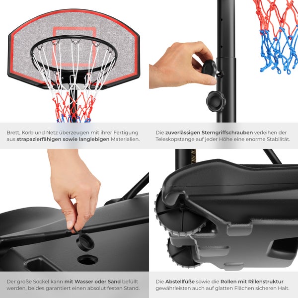Detailansichten eines Basketballkorbs mit widerstandsfähigen Materialien, zuverlässigen Sterngriffschrauben, einem mit Wasser oder Sand befüllbaren Sockel und Abstellfüßen mit Rollenstruktur.
