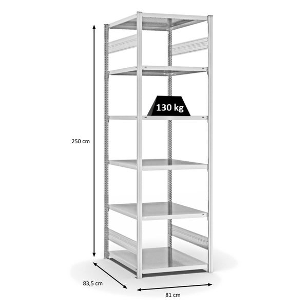 PROREGAL Fachbodenregal Stecksystem T-Profil Light-Duty Grundregal HxBxT 250 x 75 x 80 cm 6 Ebenen Fachlast 130 kg Beidseitig Nutzbar Lichtgrau