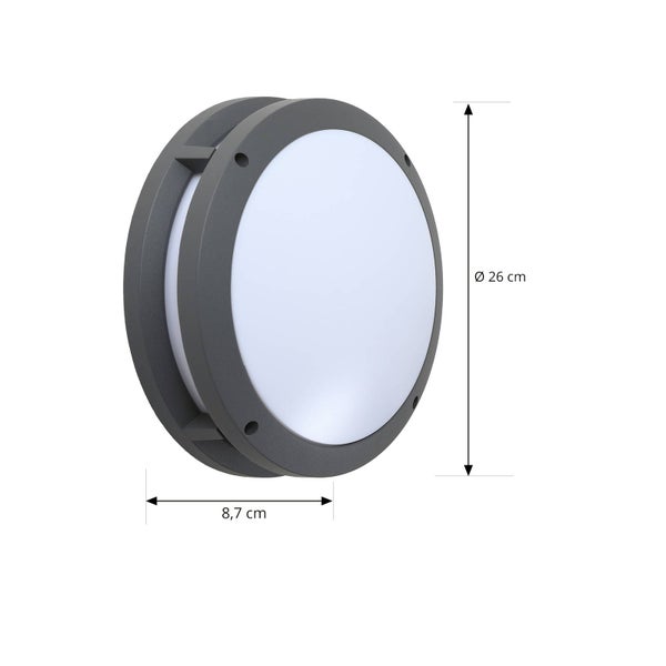Detail einer runden Außenwandleuchte mit anthrazitfarbenem Rahmen und weißem Diffusor.