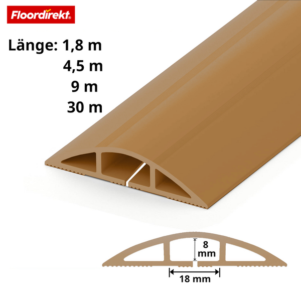 Floordirekt Logo. Braune Kabelbrücke mit Querschnittzeichnung. Maße des Kanals 18 Millimeter mal 8 Millimeter. Verschiedene Längen verfügbar.