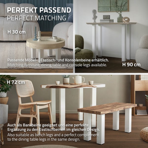 ML-Design 4er Set Tischbeine I-Design 42 cm, Weiß glänzend, aus pulverbeschichtetem Stahl, eckig, Profil 8x8 cm, Höhenverstellbare Möbelfüße 1-4 cm, Möbelbeine für Couchtische, Bänke, TV-Möbel