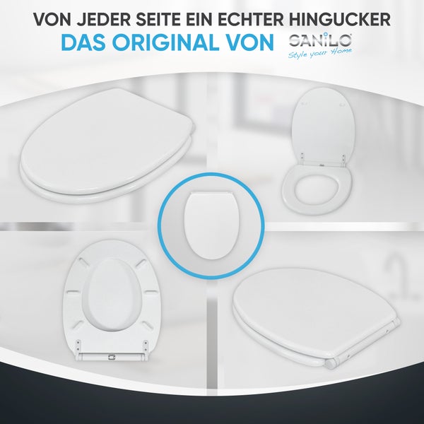 Weißer Sanilo Toilettensitz in verschiedenen Ansichten: geschlossen, geöffnet, von oben und von unten. Sanilo Logo.
