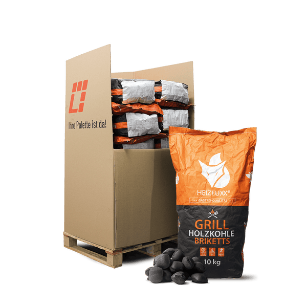 HEIZFUXX Grill Holzkohlebriketts im 10 Kilogramm Sack, Palettenlieferung im Karton inklusive loser Briketts.