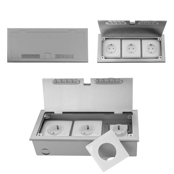 Einbau Bodentank mit drei Schutzkontaktsteckdosen und aufklappbarem Deckel aus Metall für Bodenmontage.