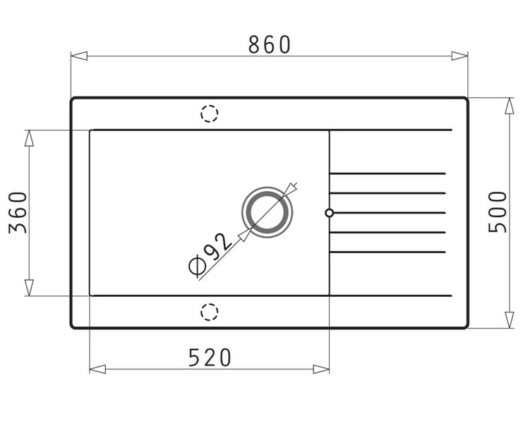 Skizze einer Spüle mit Maßangaben: 860 mm Länge, 500 mm Breite, 360 mm Tiefe, 520 mm Länge des Spülbeckens, 92 mm Durchmesser des Abflusses