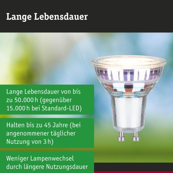 LED-Reflektorlampe GU10 mit Informationen zur langen Lebensdauer von bis zu 50.000 Stunden.