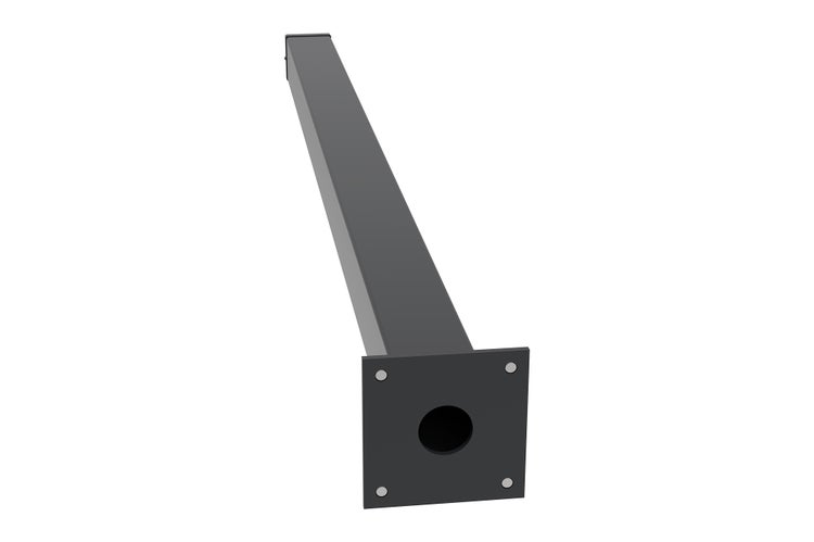 Quadratischer Zaunpfosten aus Metall mit Bodenplatte und vier Befestigungslöchern.