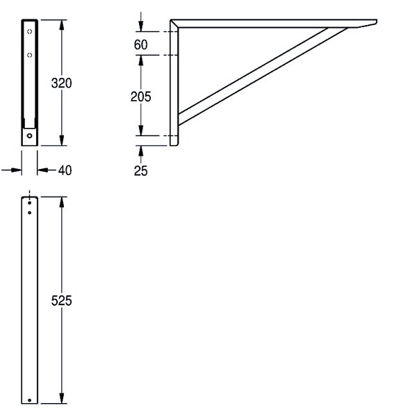 Technische Zeichnung einer Schwerlastkonsole mit Maßen: Höhe 320 Millimeter, Länge 525 Millimeter und Breite 40 Millimeter.
