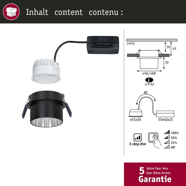Schwarzes LED-Einbaustrahler Set mit Modul, Gehäuse und Anschlussbox. Maße in Millimeter, 3-Stufen-Dimmfunktion und 5 Jahre Garantie.