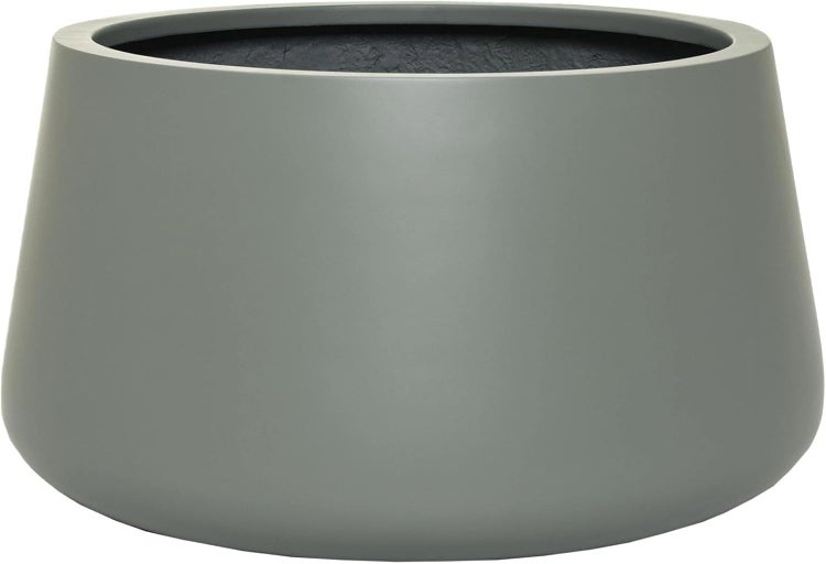 Rundes Pflanzgefäß aus Kunststoff in Grau mit matter Oberfläche.