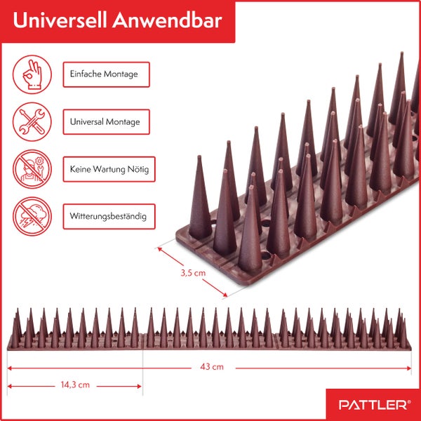 PATTLER® Vogelabwehr aus Robustem Kunststoff | Taubenabwehr für Balkon, Dach, Fensterbank, Zaun | Vogelabwehr & Taubenschreck | Taubenabwehr Spikes - 12 STÜCK x 43cm (Gesamtlänge 5.16 Meter)