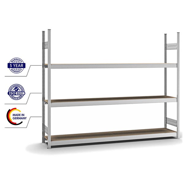 PROREGAL Weitspannregal Stecksystem T-Profil Grundregal HxBxT 200x250x40 cm 3 Ebenen Spanplatten Fachboden Fachlast 350 kg Verzinkt