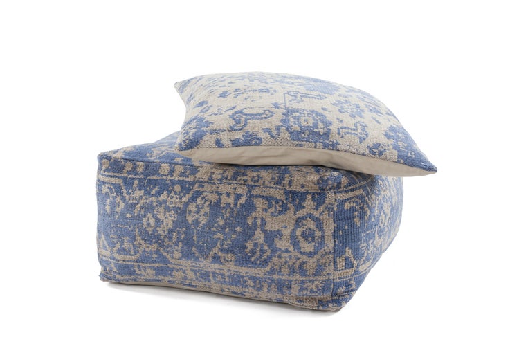 Pouf- Kissen-Set Hocker handgewebt Taupe / Blau 80 cm