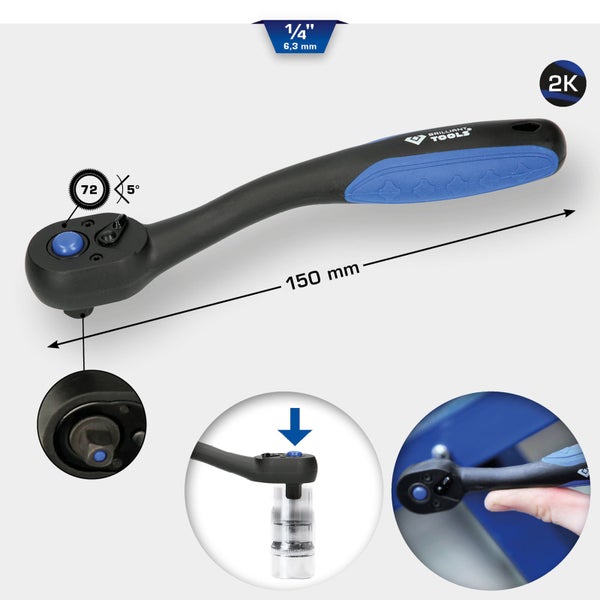 Brilliant Tools Umschaltknarre mit 6,3 mm Vierkantantrieb und 150 mm Länge