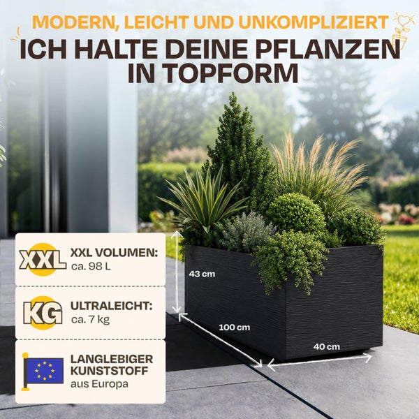 Rechteckiger Kunststoff-Pflanzkübel in Holzoptik, 100 mal 40 mal 43 Zentimeter, circa 98 Liter, circa 7 Kilogramm, hergestellt in Europa.