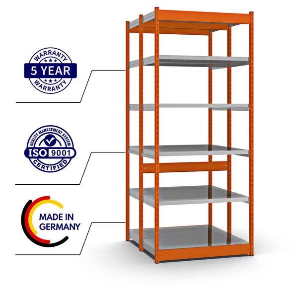 PROREGAL Fachbodenregal Stecksystem Vierkant-Profil Grundregal HxBxT 250 x 102,5 x 50 cm 2x6 Ebenen Doppelseitige Bauart Fachlast 200 kg Orange