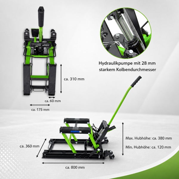 Motorrad Hebebühne mit Hydraulikpumpe zur Reparatur und Wartung von Motorrädern inklusive technischer Maßangaben