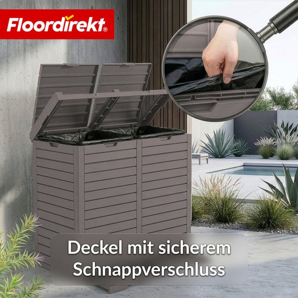 Doppel Mülltonnenbox mit zwei offenen Deckeln und Schnappverschluss von Floordirekt