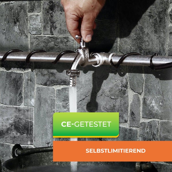 Wasserleitung mit handbedientem Hahn und darum gewickelter Frostschutz-Heizleitung, selbstlimitierend und nach europäischen Standards geprüft.