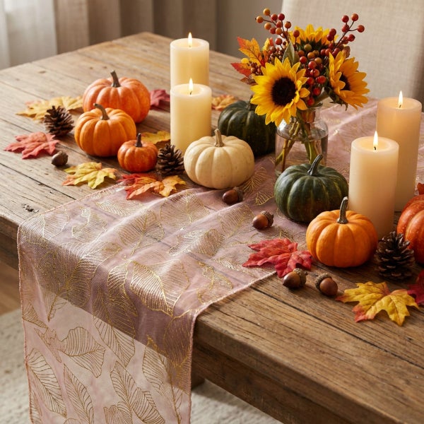 Herbstliche Tischdekoration mit Tischläufer, kleinen Kürbissen, Kerzen, Sonnenblumenstrauß und herbstlichen Dekoelementen auf einem Holztisch.