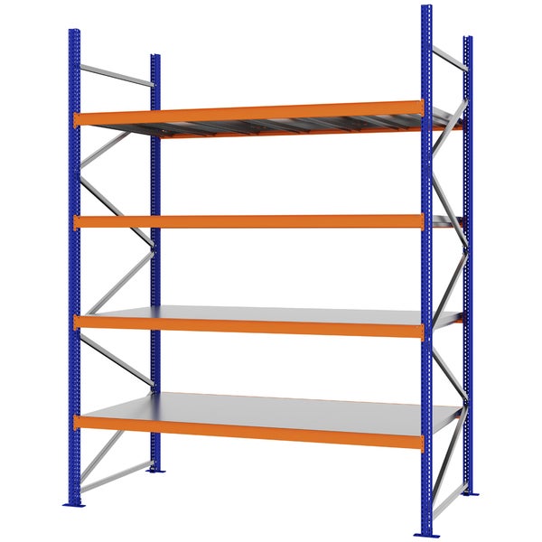 Weitspannregal aus Stahl mit vier Ebenen, blauen Stehern und orangefarbenen Traversen.