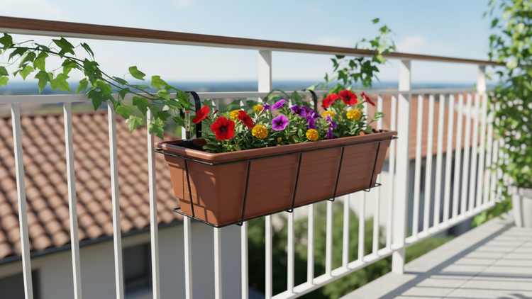 Brauner Blumenkasten aus Kunststoff mit schwarzer Metallhalterung an einem weißen Balkongeländer, bepflanzt mit bunten Blumen und Wasserstandsanzeiger.