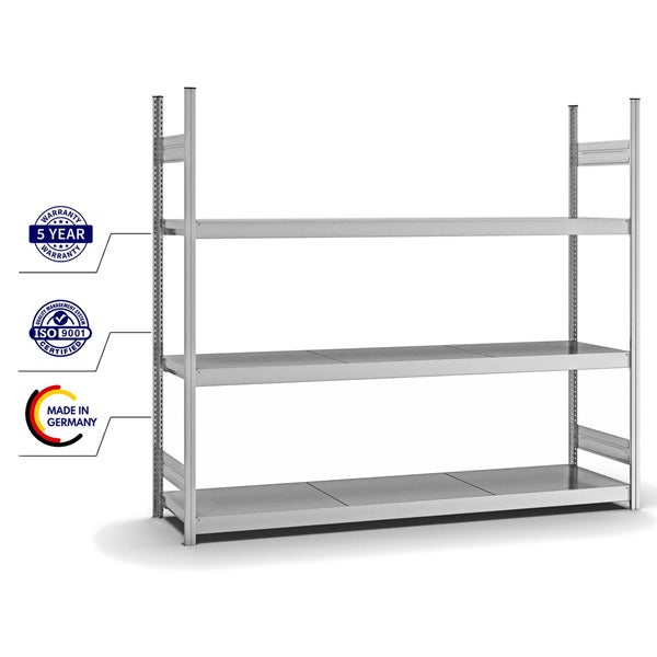 PROREGAL Weitspannregal Stecksystem T-Profil Grundregal HxBxT 200x225x50 cm 3 Ebenen Stahlplatten Fachboden Fachlast 350 kg Verzinkt