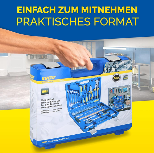 JUNG KINZO 56-teiliges Werkzeugset – Kompakte Werkzeugbox für den Haushalt, Platzsparend, Grundausstattung für Heimwerker, Werkzeugkoffer mit praktischen Werkzeugen