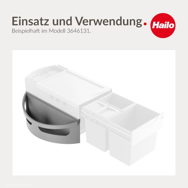 Hailo Abfalltrennsystem mit mehreren Behältern und Abdeckung für Küchenschränke. Hailo Logo.