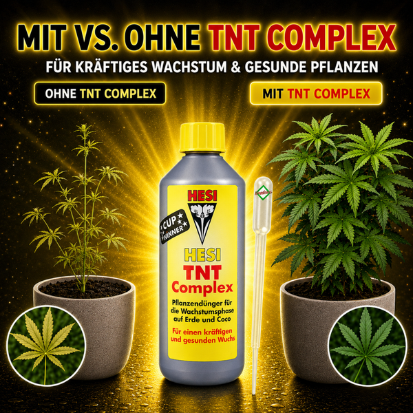 Vergleich von Pflanzenwachstum mit und ohne Hesi TNT Complex Pflanzendünger in einer Flasche mit Pipette zur Anwendung auf Erde und Coco.