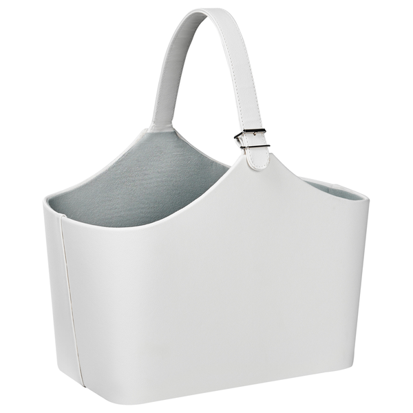 Kaminholzkorb aus Kunstleder in Weiß mit Griff und Schnalle.