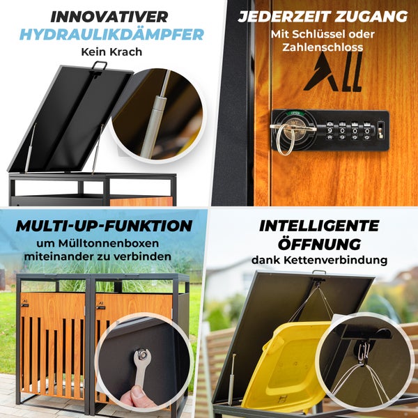 ALL Premium Mülltonnenbox 2er – Abschließbar, wetterfest & edle Holzoptik, für Garten, Hof & Straße, beliebig erweiterbar, legierter Stahl robust & langlebig