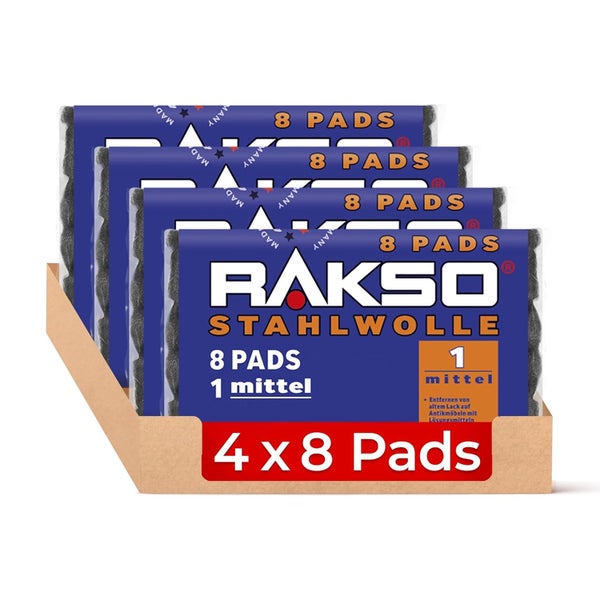 Rakso Stahlwolle Pads Feinheitsgrad 1 mittel, Set aus 4 Packungen mit je 8 Stück.