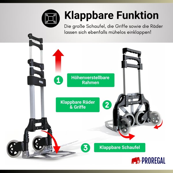Sackkarre mit höhenverstellbarem Rahmen, klappbarer Schaufel, Rädern und Griffen. Symbol für klappbare Funktion. Proregal Logo.