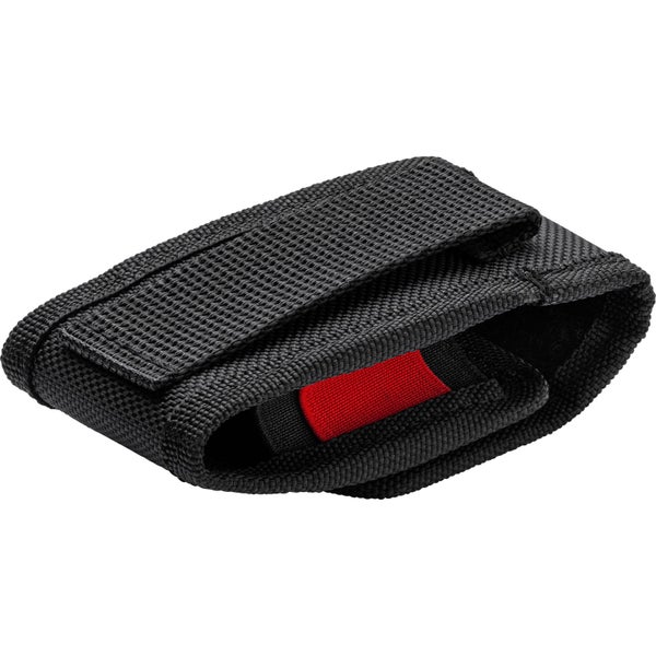 Schwarze Werkzeugtasche aus Textilgewebe für den Gürtel mit rotem Akzent im Inneren.