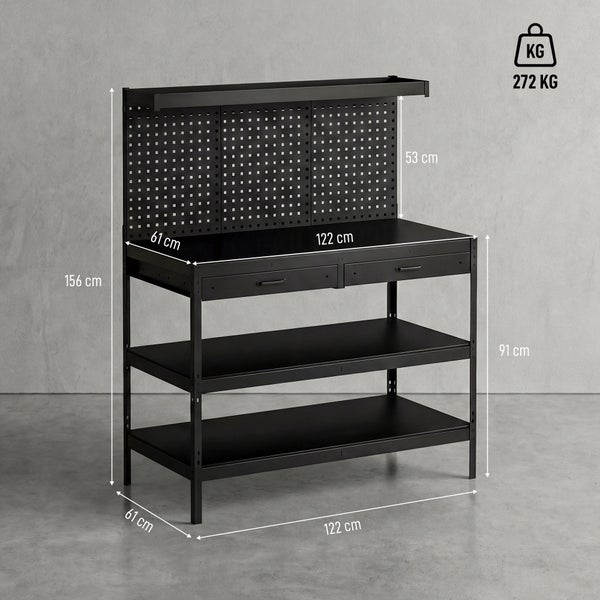 Schwarze Werkbank aus Metall mit Lochwand, zwei Schubladen und Ablagefächern, Maße 122 x 61 x 156 Zentimeter, Belastbarkeit 272 Kilogramm.